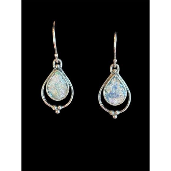 Sterling Silver Roman Glas Pear Shaped Dangle Earrings 925 - Picture 1 of 4
